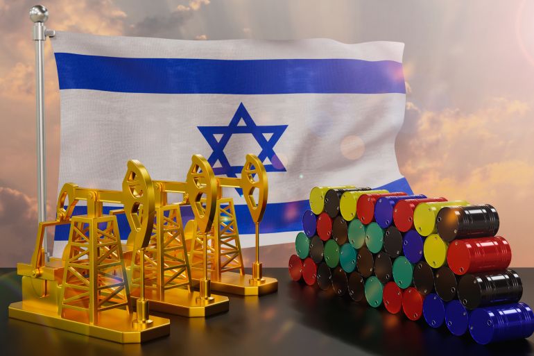 The Israel's petroleum market. Oil pump made of gold and barrels of metal. The concept of oil production, storage and value. Israel flag in background. 3d Rendering.
